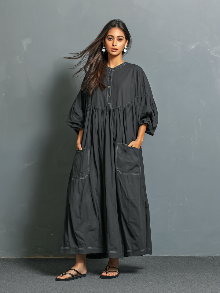 Women's Casual Dark Gray Woven Round Neck Mid-sleeve Loose Long Dress