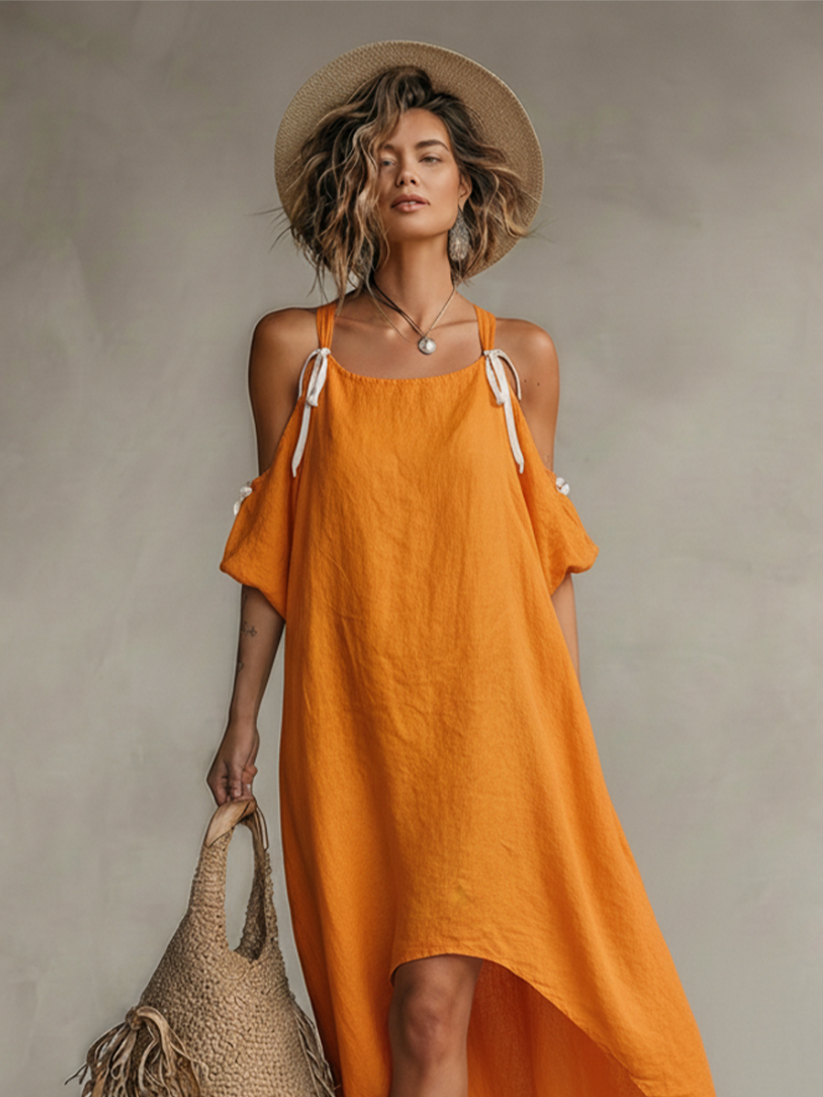 Women's Tangerine Linen Dress With Cold Shoulder & High-Low Hem, Timeless Boho-Resort Style Dress
