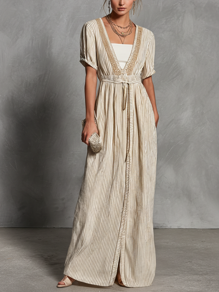 Women's Beige Striped Faux Two-Piece Short Sleeve V-Neck Maxi Dress