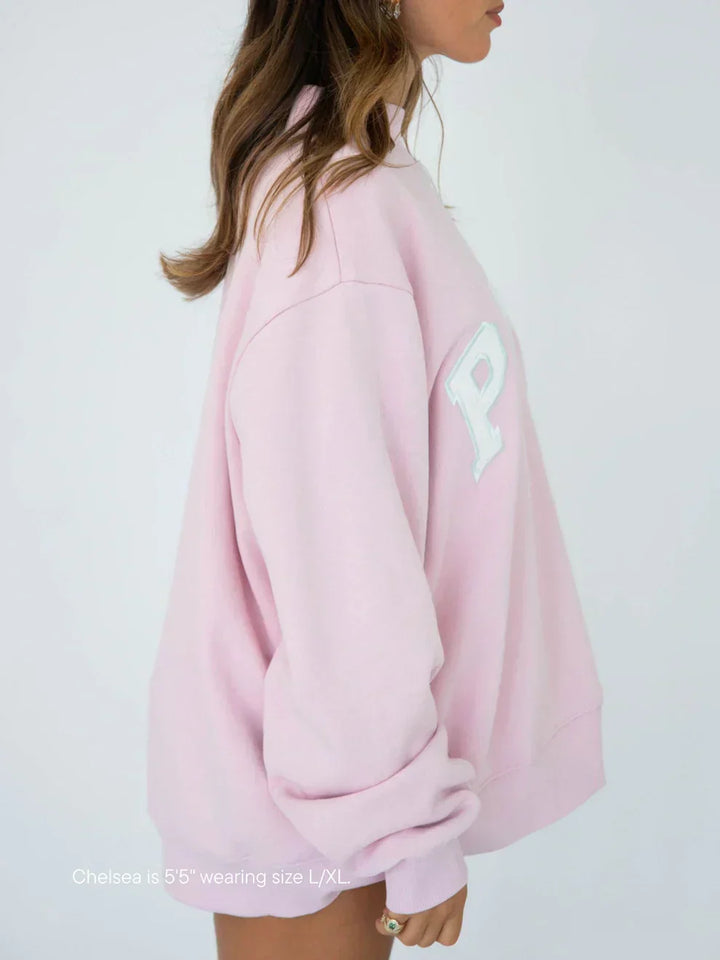 Varsity Mockneck Soft Pink with White Letters