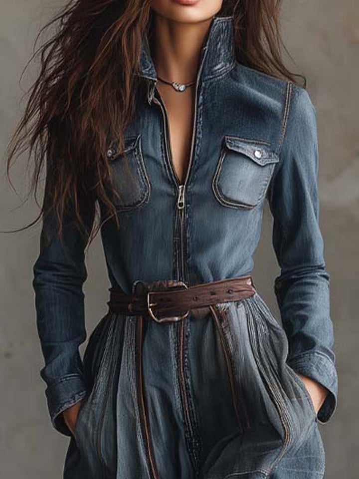 Joannah | Denim Patchwork Maxi Dress With Plaid Hem