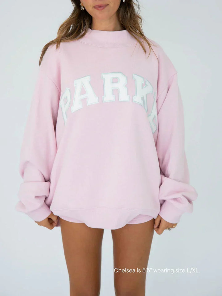 Varsity Mockneck Soft Pink with White Letters
