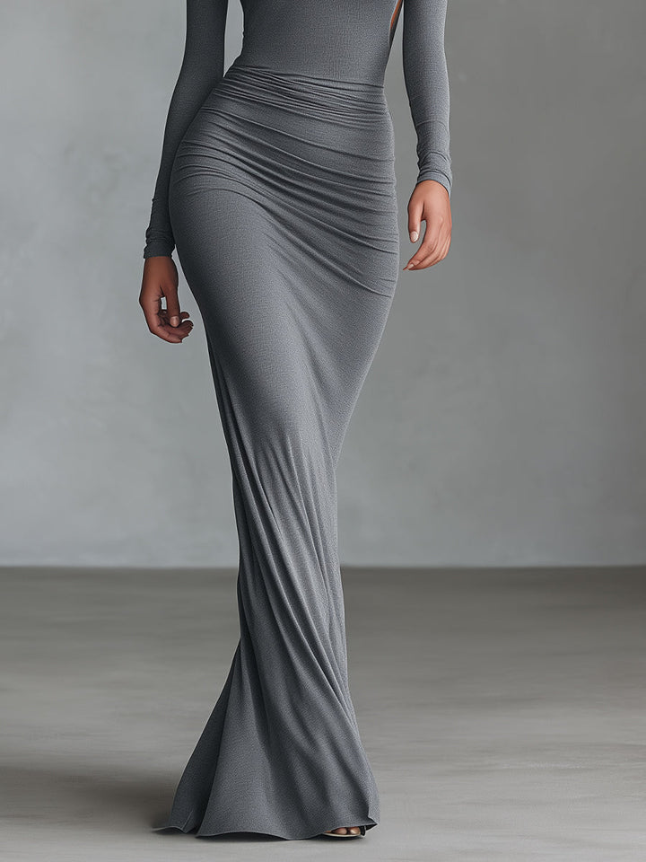 Women's Grey Elegant Stretch - Polyester-Cotton Blend Ruched Open - Back Maxi Dress