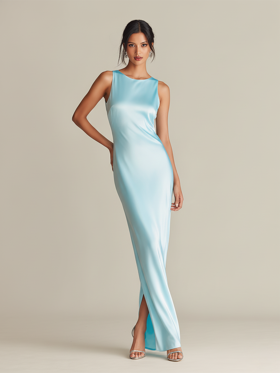 Women's Sky Blue Satin Dress With Sleeveless Crew Neck & Side Slit, Timeless Evening-Elegant Style Dress
