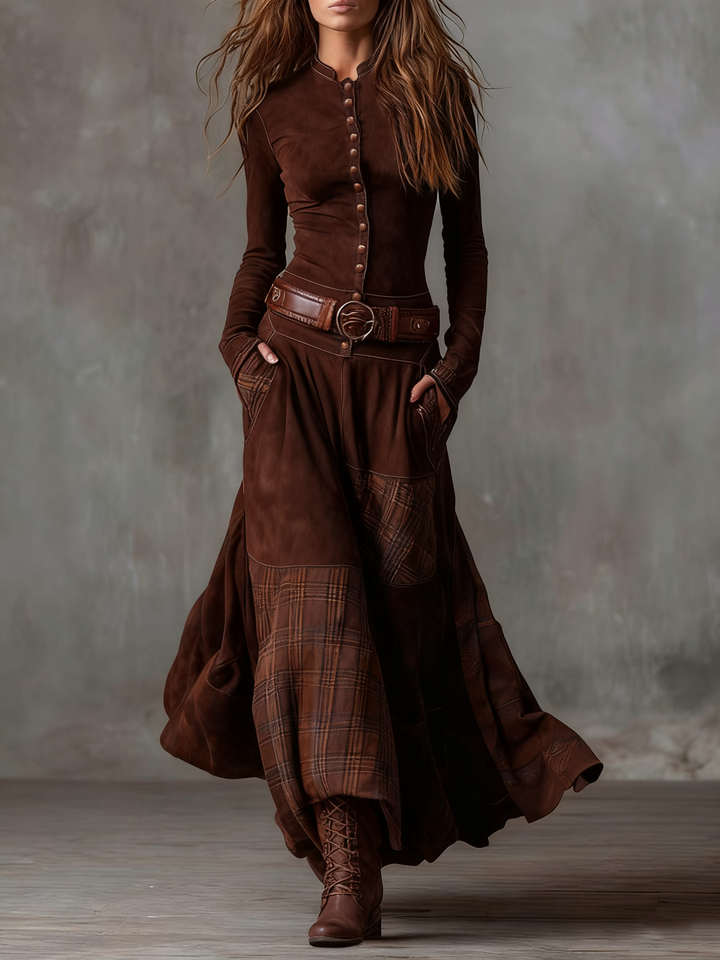 Navy Plaid Paneled Vintage Suede Maxi Dress (with belt)