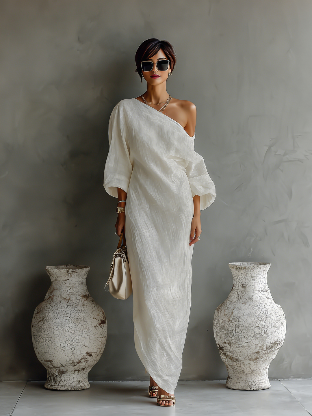 Women's Ivory White Cotton-Linen Blend One-Shoulder Flowing Elegant Dress
