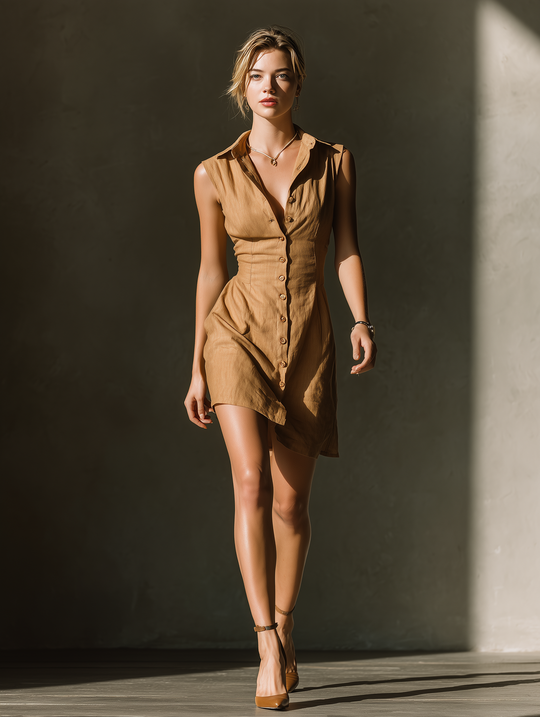 Women's Camel Linen Sleeveless Shirt Mini Dress With Button Placket