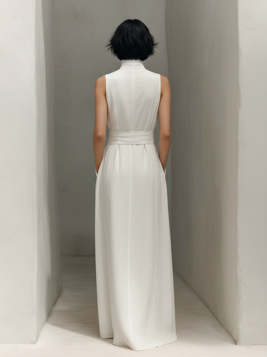Women's Minimalist Cotton And Linen Blend V-neck Belted Sleeveless Maxi Dress