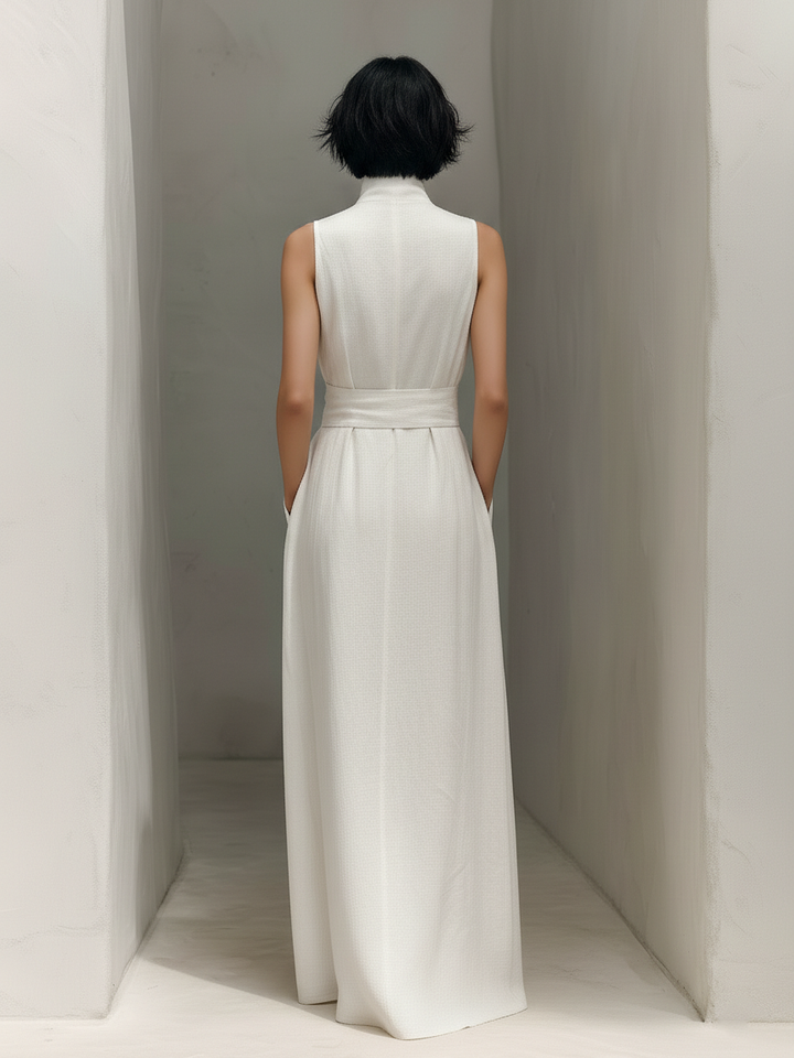 Women's Minimalist Cotton And Linen Blend V-neck Belted Sleeveless Maxi Dress