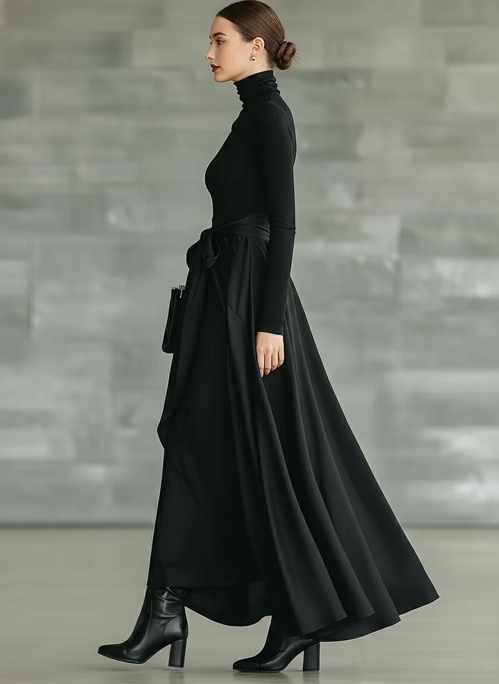 Women's Black High-Neck High-Stretch Knitted And Satin Flared Maxi Dress