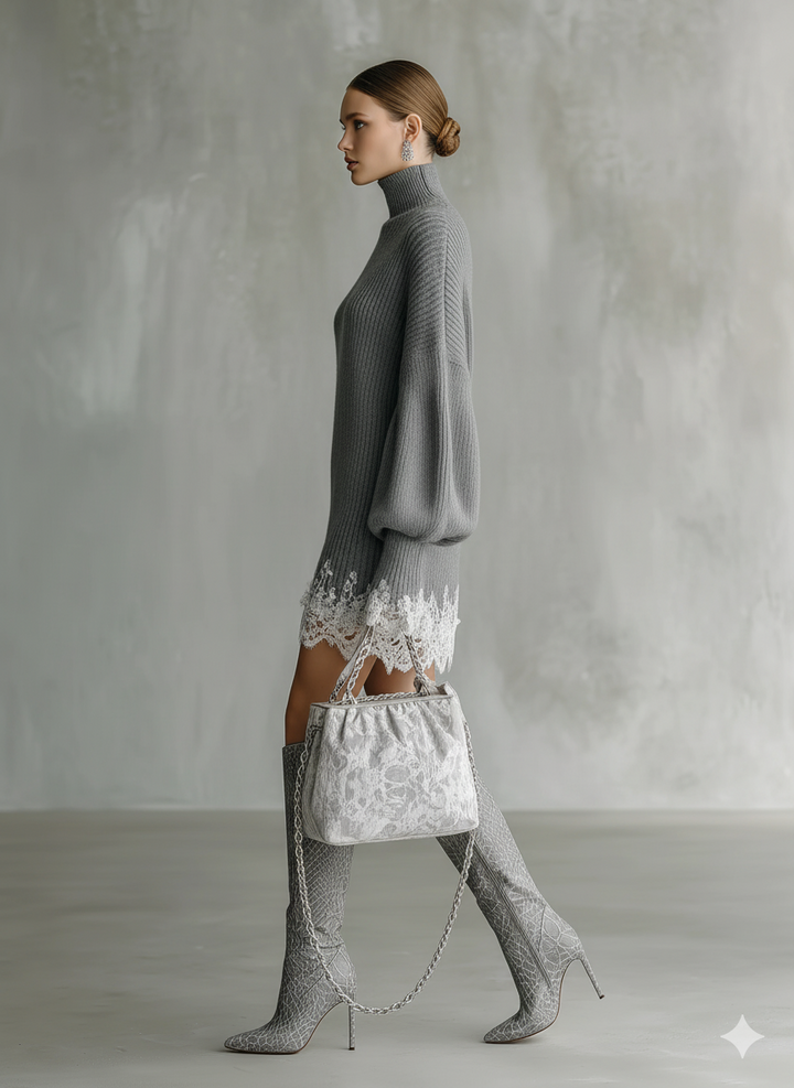 Women's Grey Knitted White Lace Turtleneck Comfortable Mini Dress