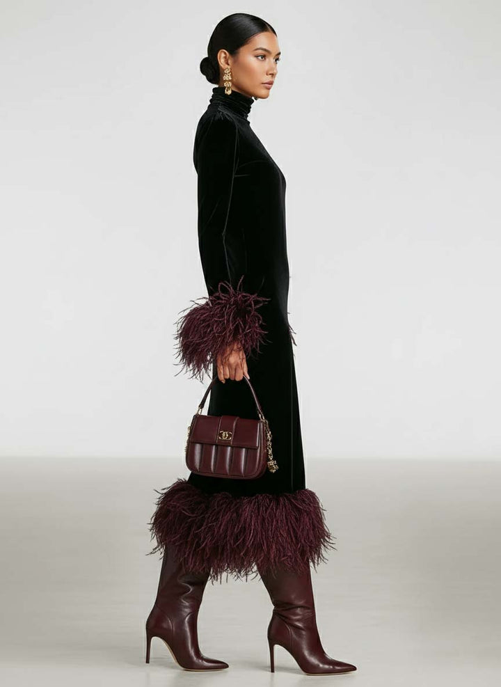 Women's Minimalist Velvet Patchwork Faux Ostrich Feather Cuffs And Hem Maxi Dress