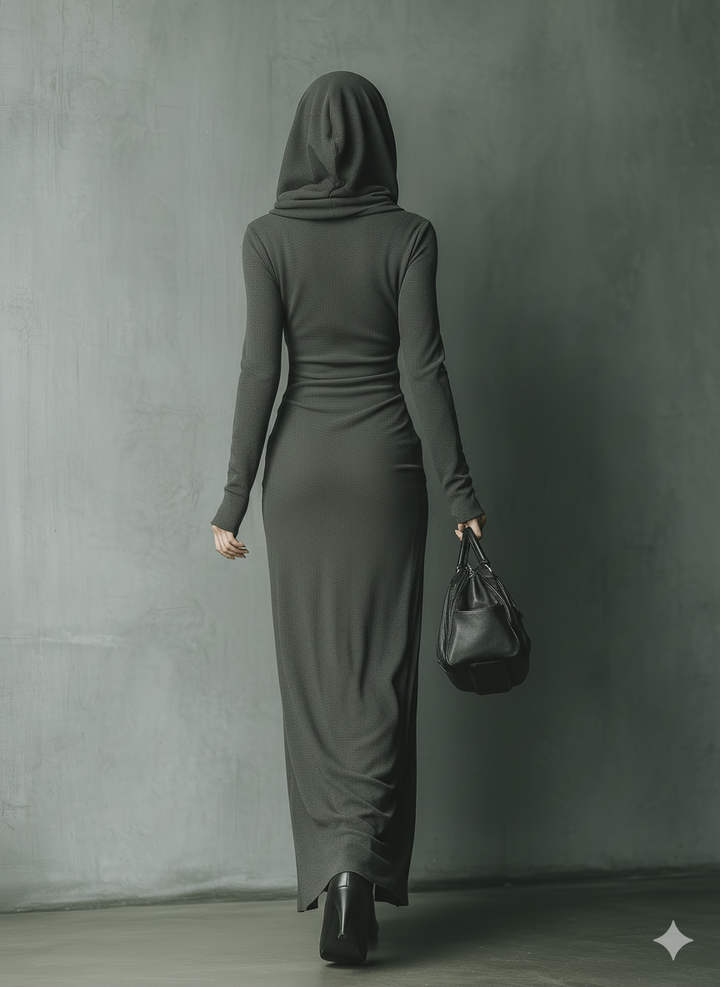 Women's Dark Grey High Elastic Knitted Hooded Maxi Dress