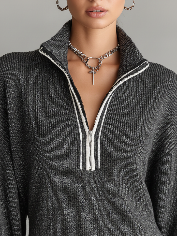 Women's Fashion Loose Knit White Trim Zipper Polo Neck Mini Dress