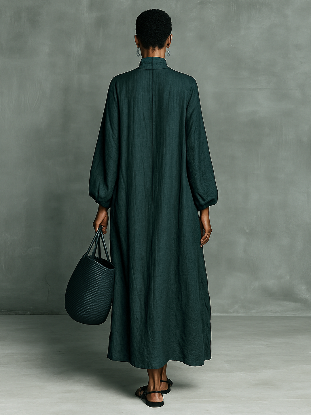 Women's Loose Cotton And Linen Blend Shoulder Embroidery Half-high Collar Long-sleeved Maxi Dress
