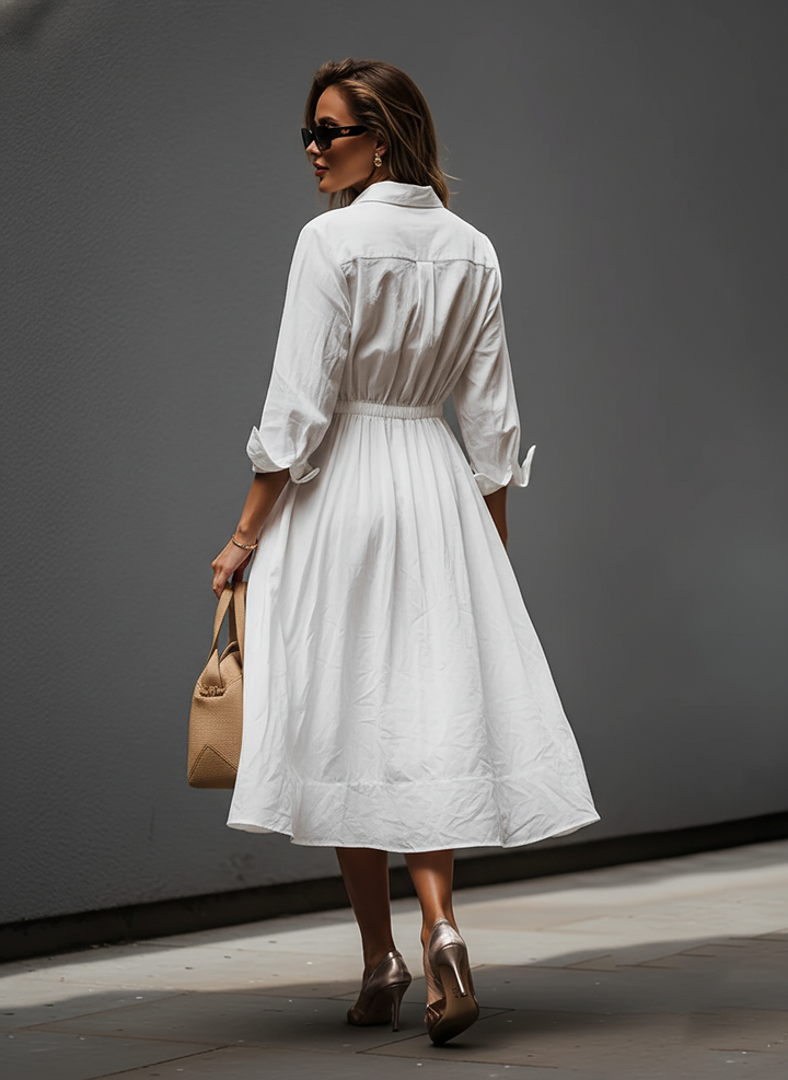 Women's White Linen Dress With Shirt Collar & Elastic Waist, Timeless Effortless-Chic Style Dress