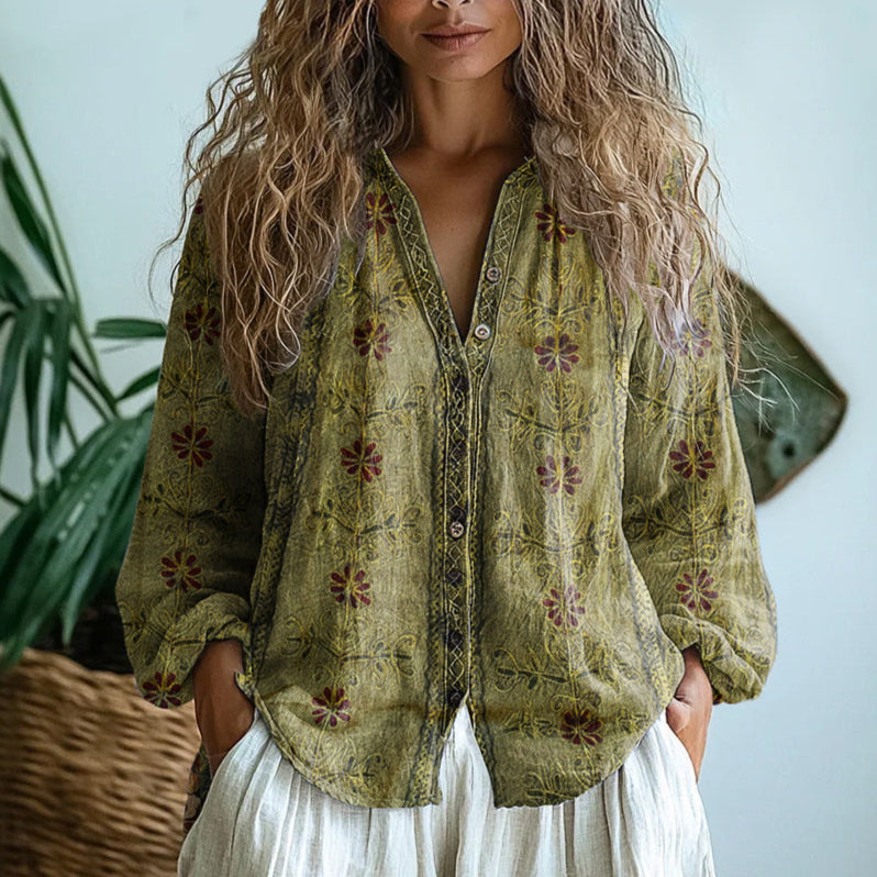 Hannah | Elegant Vintage Leaf Print Shirt