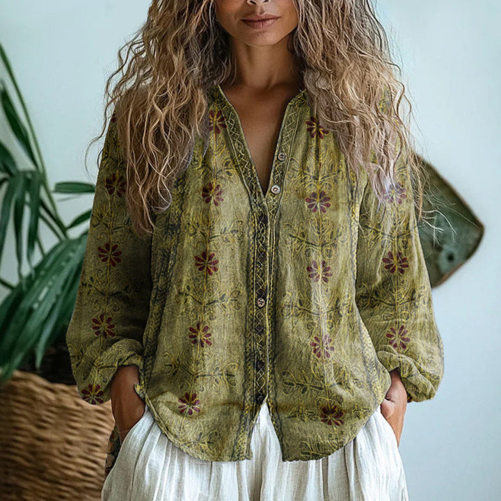 Hannah | Elegant Vintage Leaf Print Shirt