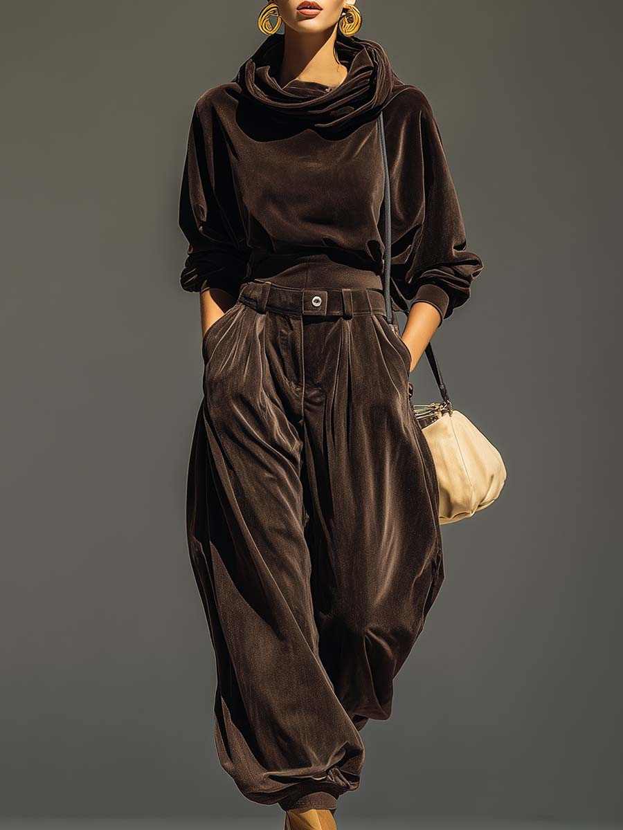 Lovely | Vintage Brown Velvet Hoodie and Loose-Fitting Pants Set (Including Belt)