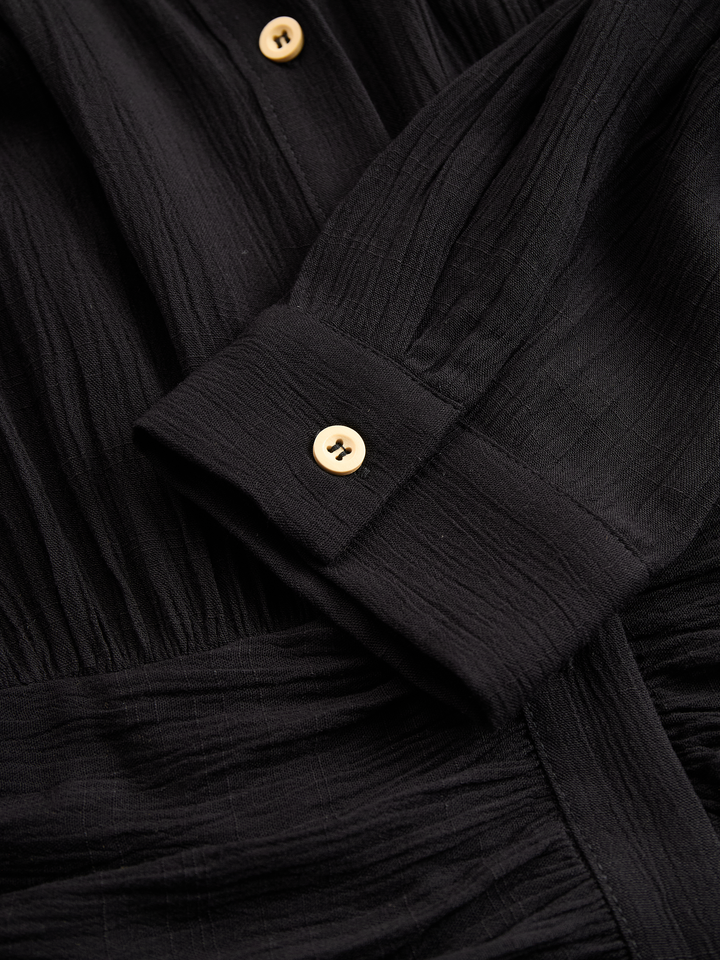 Women's Imitation Cotton And Linen Pleated Lapel Single-breasted Long-sleeved Maxi Dress