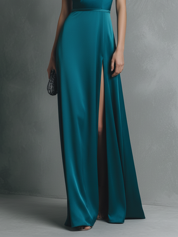 Women's Blue-green Stretch Satin See-through Backless High-slit Maxi Dress