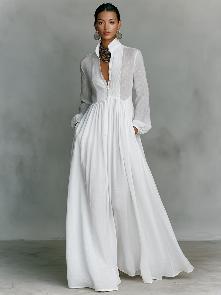 Women's Minimalist Cotton And Linen Patchwork Single-breasted Stand-up Collar Long-sleeved Maxi Dress