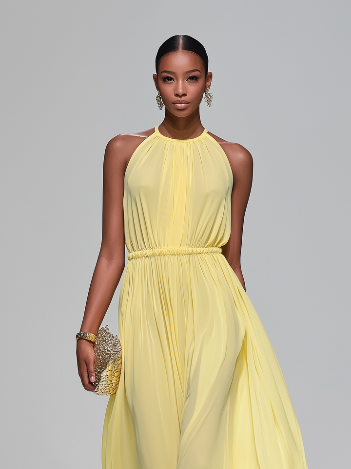 Elegant Light Yellow Chiffon Round Neck Sleeveless Long Dress For Women