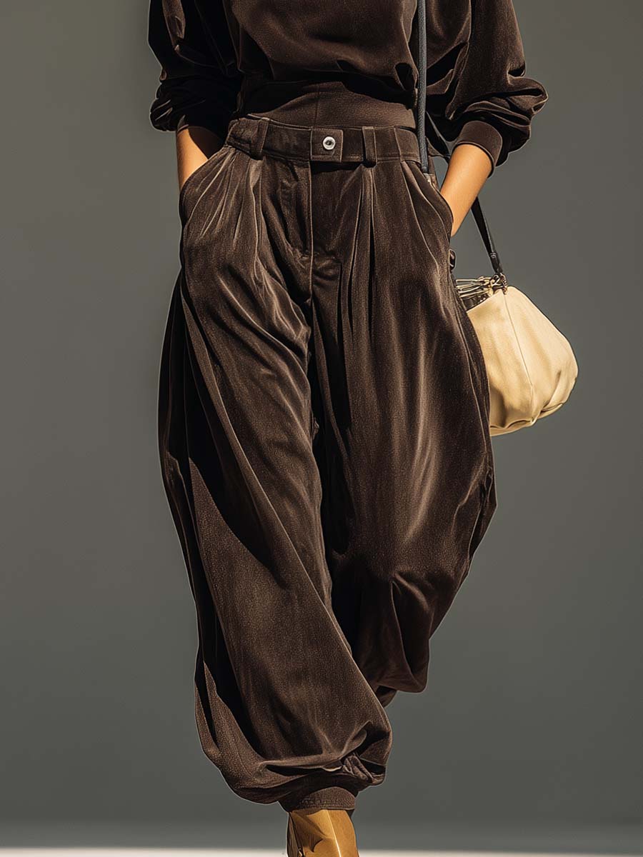 Lovely | Vintage Brown Velvet Hoodie and Loose-Fitting Pants Set (Including Belt)