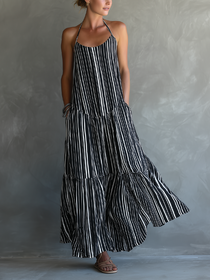 Women's Black And White Vacation Style Striped Maxi Dress With Halter Neckline & Tiered Skirt