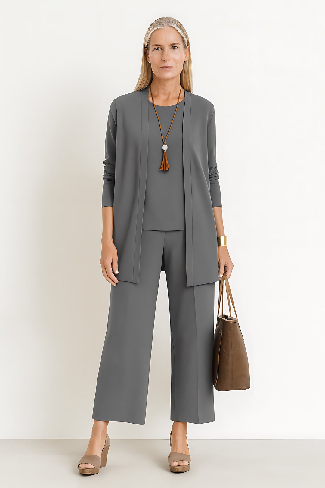 Brianna | Three Piece Cardigan Tank Top And Wide Leg Pants Two Piece Set