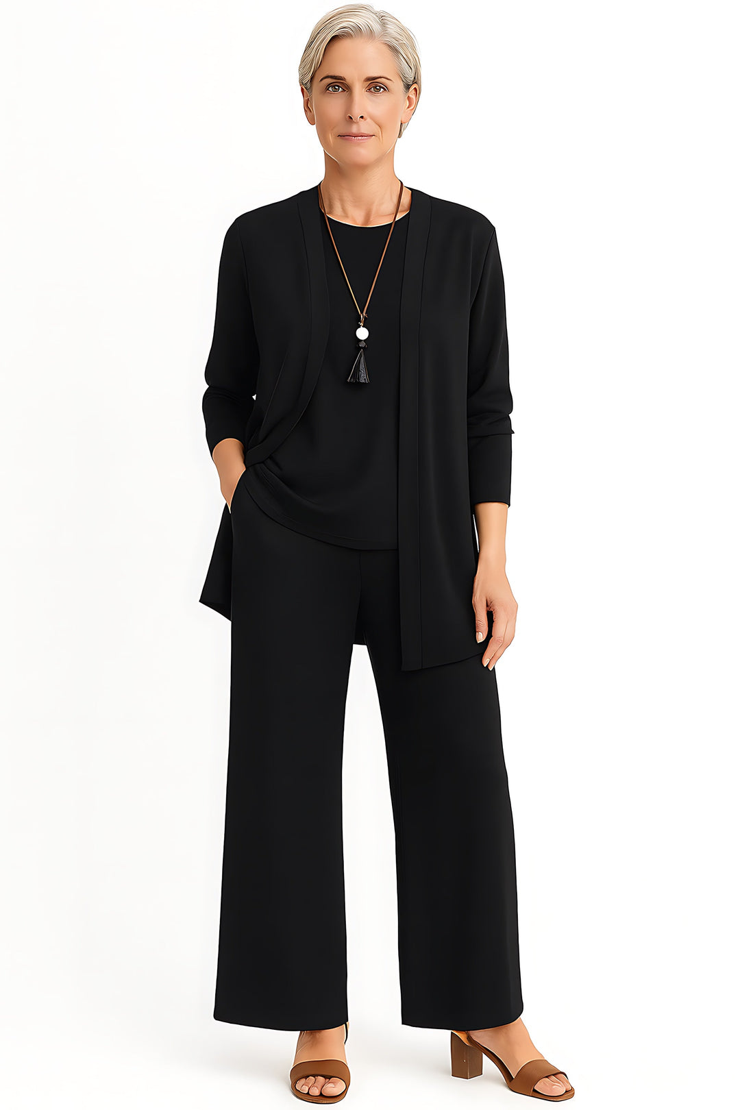 Brianna | Three Piece Cardigan Tank Top And Wide Leg Pants Two Piece Set