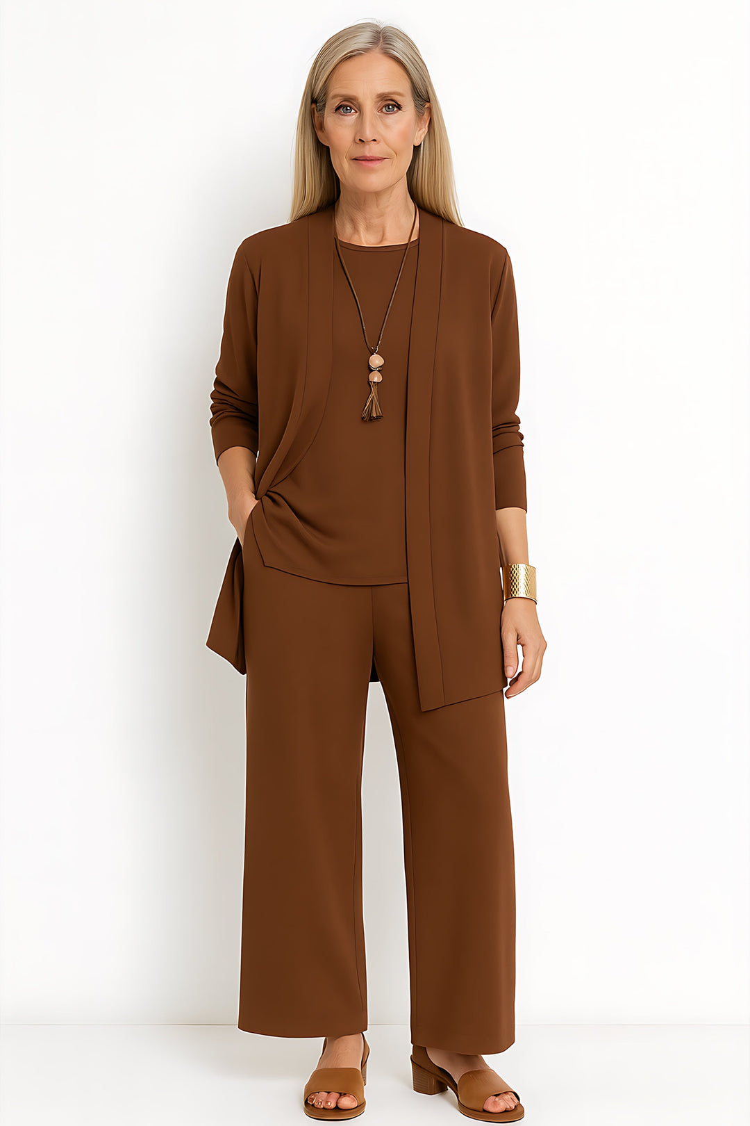 Brianna | Three Piece Cardigan Tank Top And Wide Leg Pants Two Piece Set