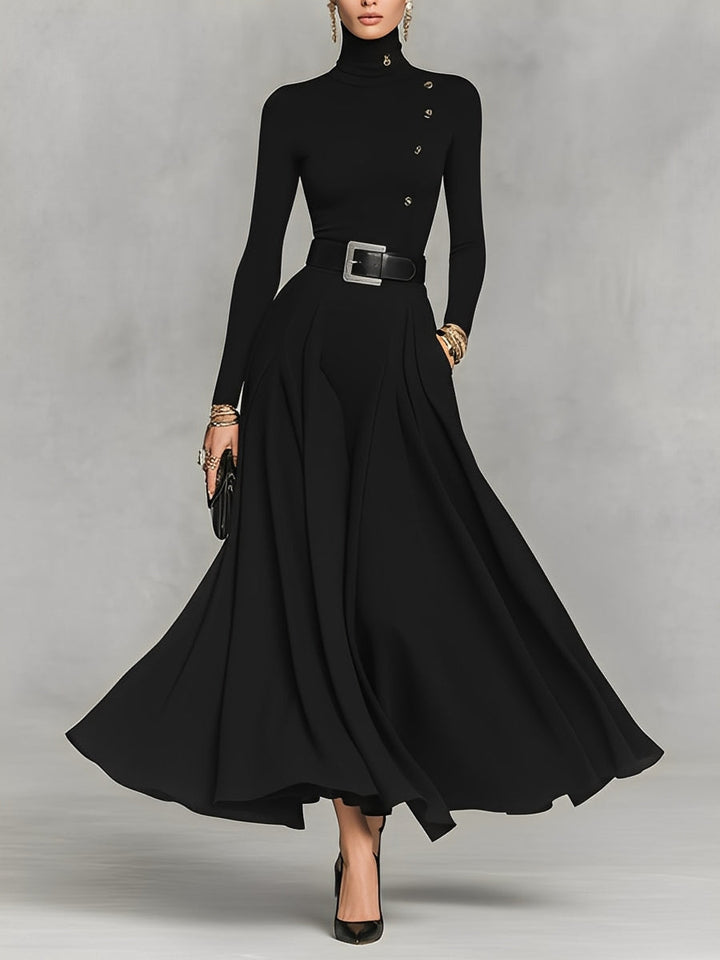 Women's Black Knit Elegant High Neck Button Detail Maxi Dress