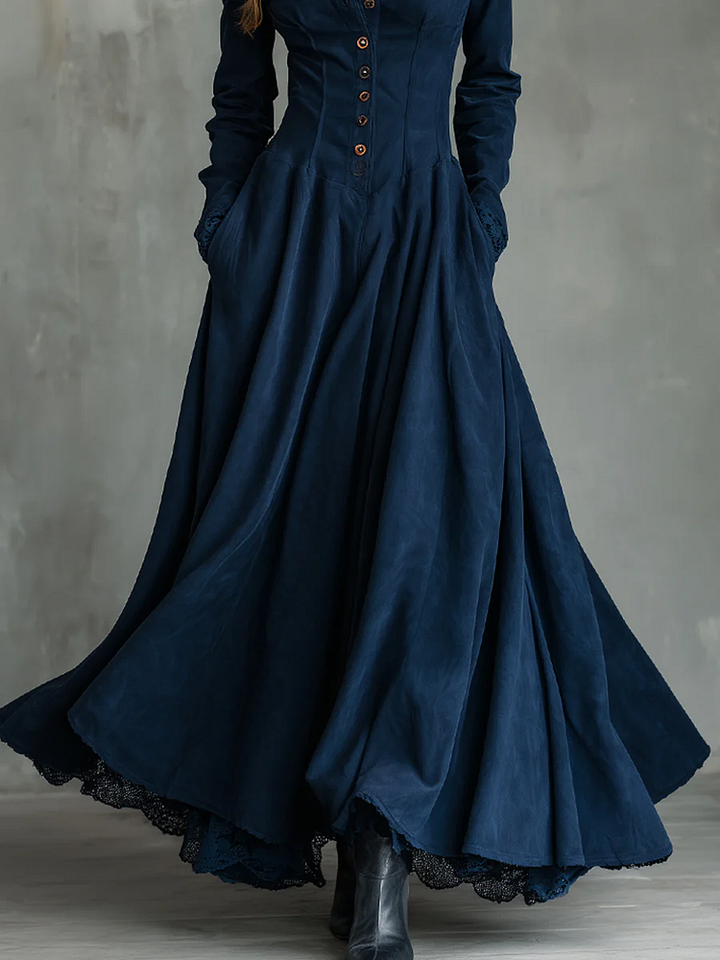 Dark Blue Gothic Maxi Dress in Synthetic Suede with Lace