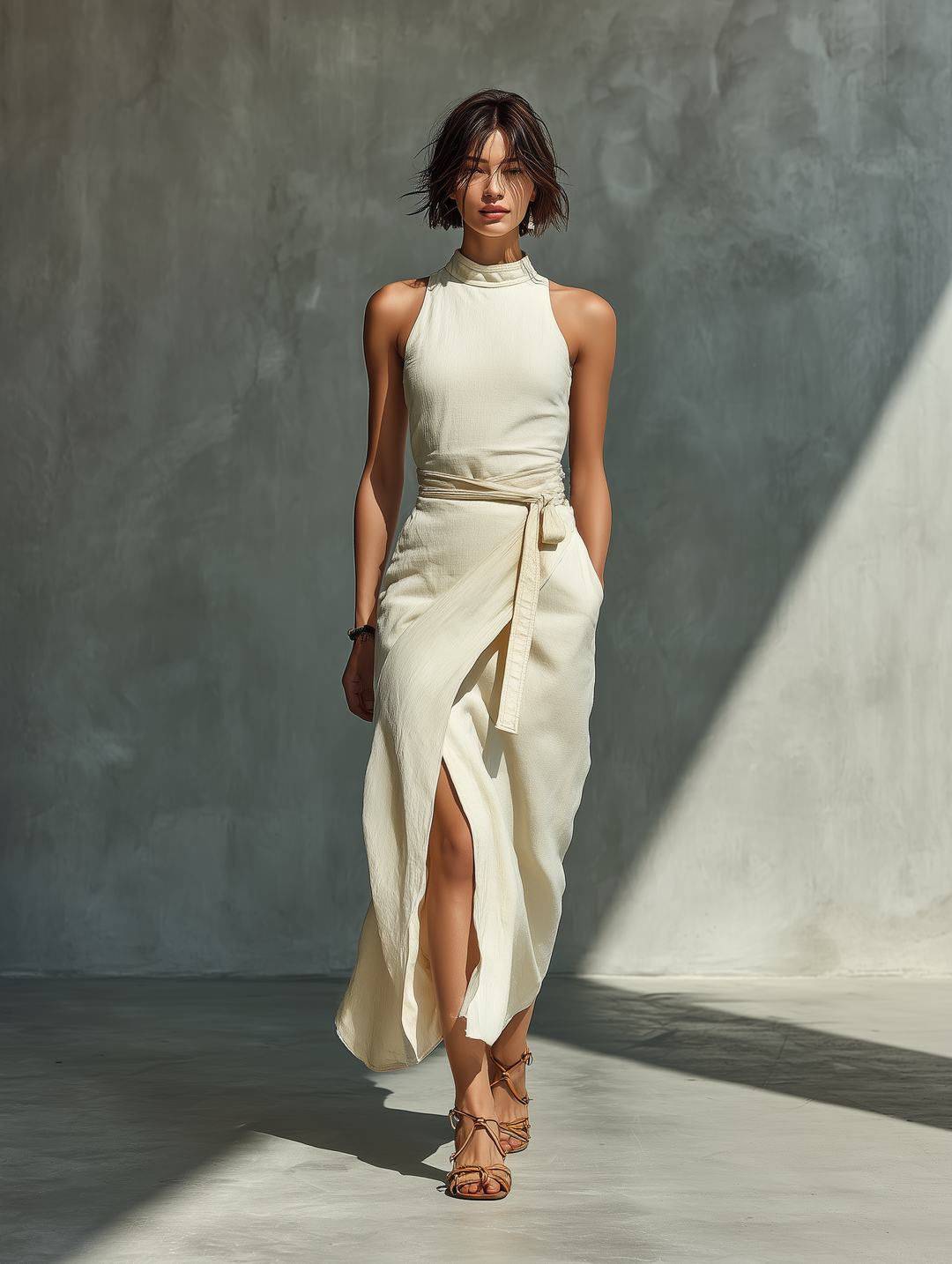 Women's Cream Halter Neck Midi Dress With Wrap Skirt & Tie-Waist Detail