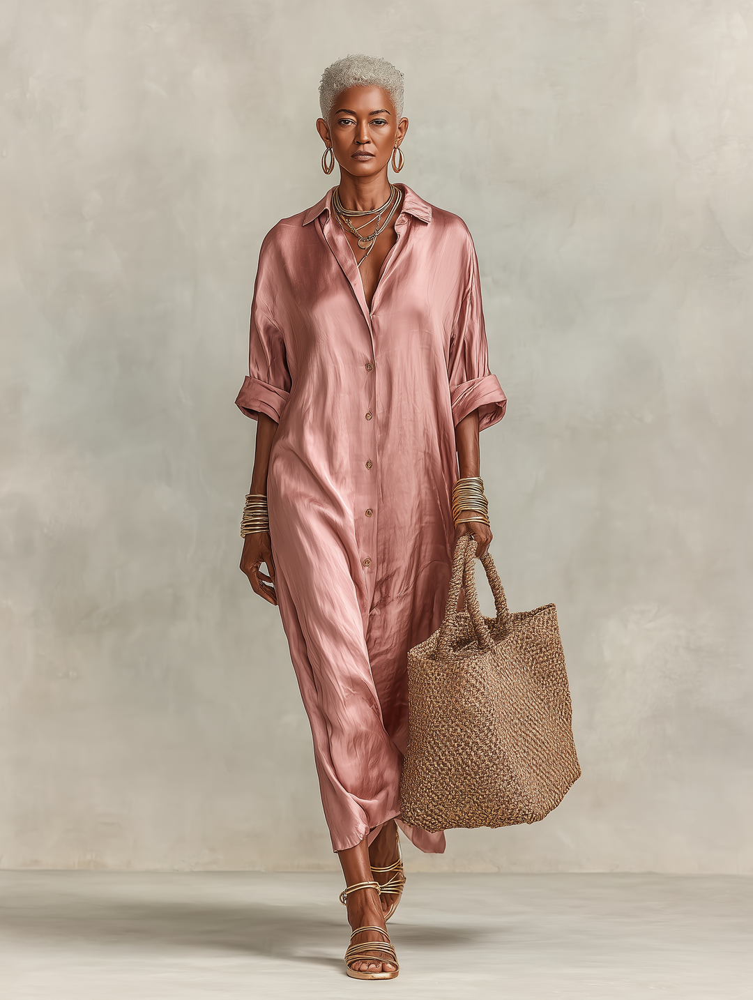 Women's Minimalist Faux Acetate Single-breasted Shirt Maxi Dress