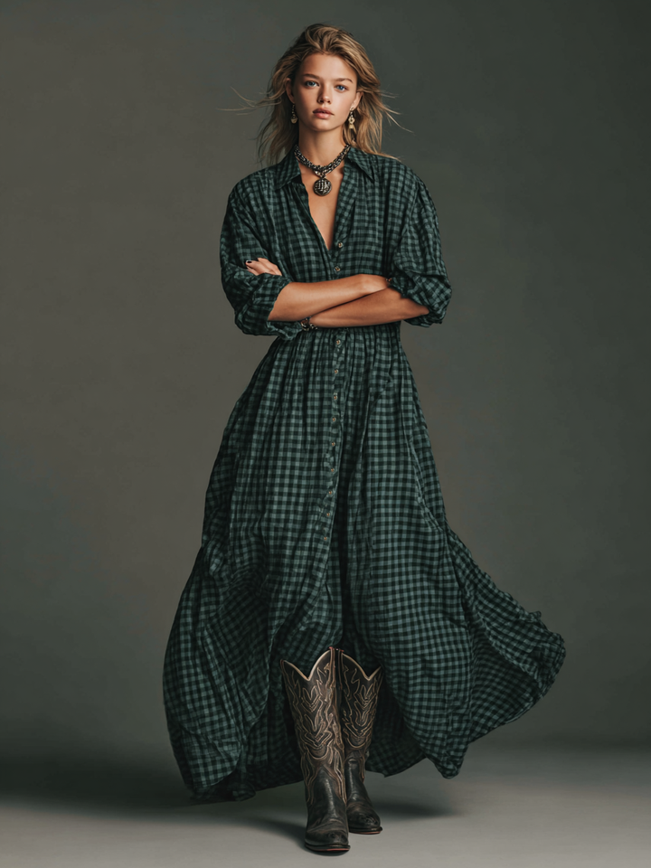 Women's Plaid Long Sleeve Shirt Maxi Dress