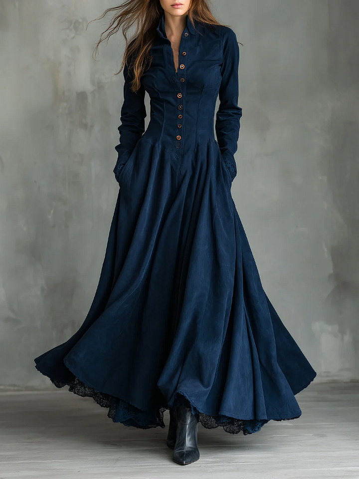 Dark Blue Gothic Maxi Dress in Synthetic Suede with Lace