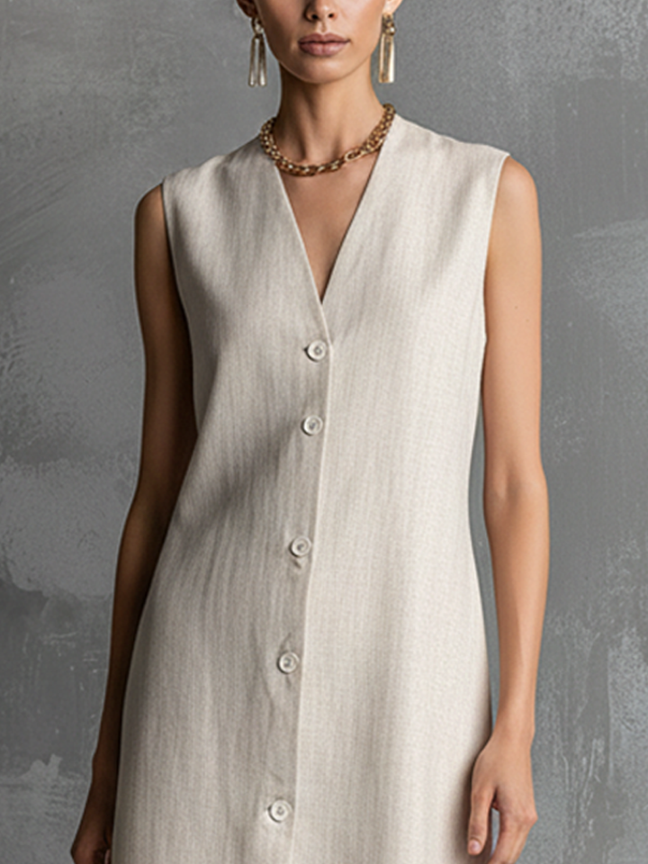 Women's Ivory Cotton Linen Sleeveless V-Neck Button-Front Midi Dress