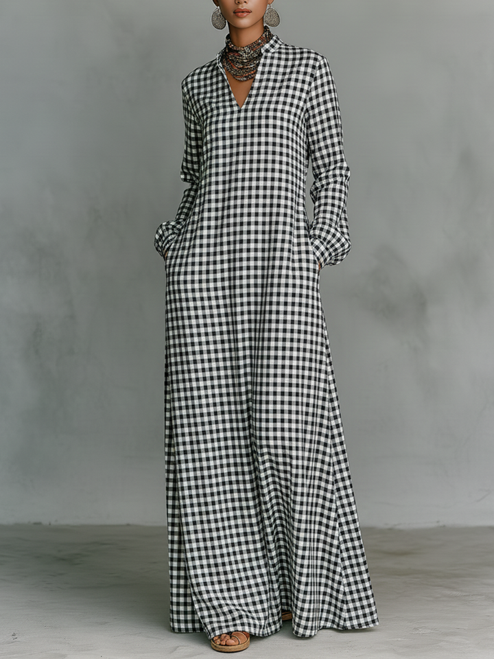 Women's Minimalist Cotton Plaid V-neck Long-sleeved Maxi Dress