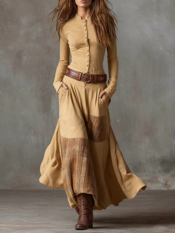 Navy Plaid Paneled Vintage Suede Maxi Dress (with belt)