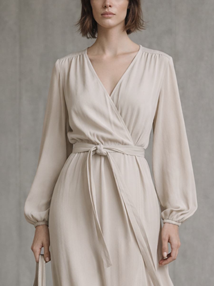 Women's Beige Cotton Blend Long-Sleeve Ruffled Wrap Midi Dress