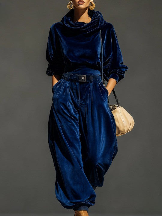Lovely | Vintage Brown Velvet Hoodie and Loose-Fitting Pants Set (Including Belt)