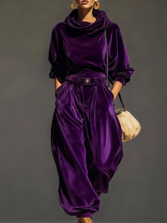 Lovely | Vintage Brown Velvet Hoodie and Loose-Fitting Pants Set (Including Belt)