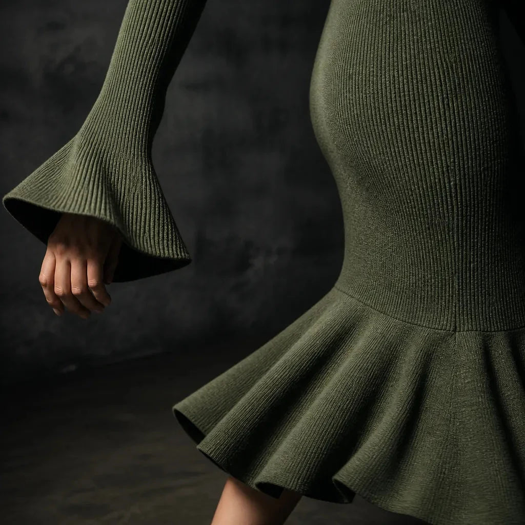 Selara | Ribbed Fishtail Knit Midi Dress with Half-Zip Collar