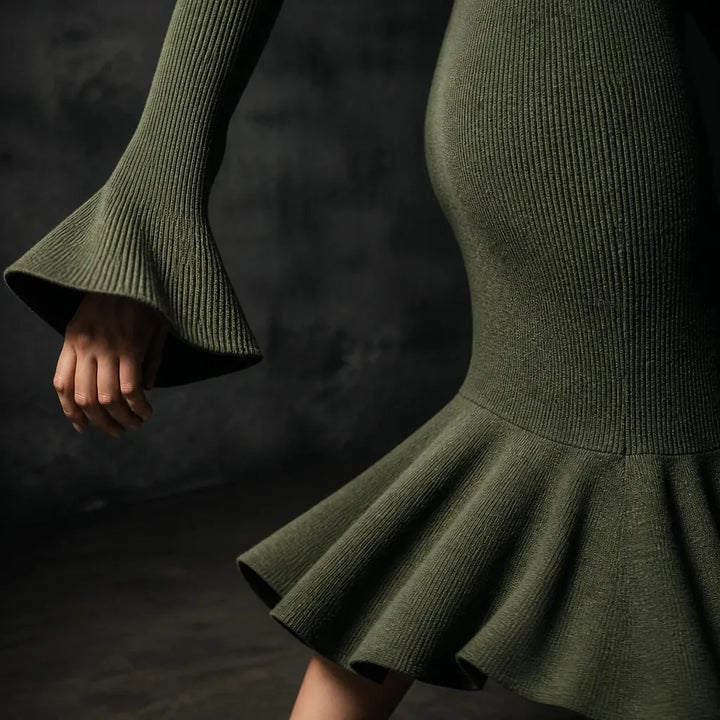 Selara | Ribbed Fishtail Knit Midi Dress with Half-Zip Collar