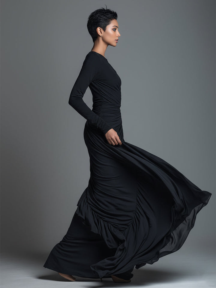 Women's Black Elegant Jersey Knit Ruched Maxi Dress