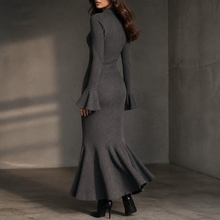 Selara | Ribbed Fishtail Knit Midi Dress with Half-Zip Collar