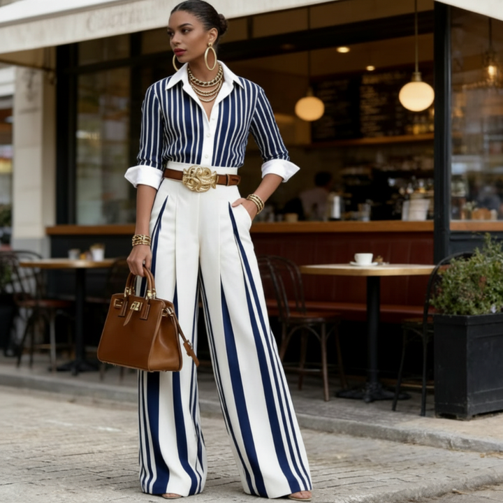 Emelie | Women's Striped Shirt & Wide-Leg Pants 2-Piece Set