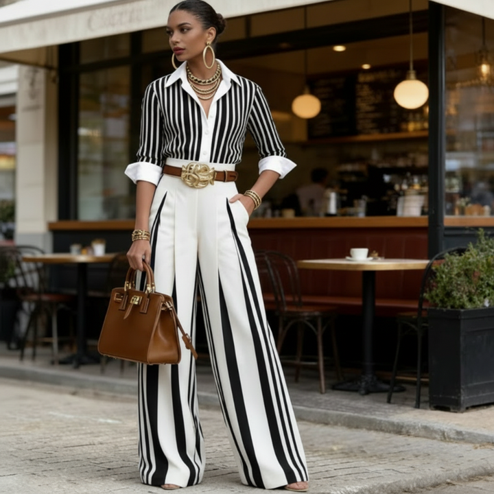 Emelie | Women's Striped Shirt & Wide-Leg Pants 2-Piece Set